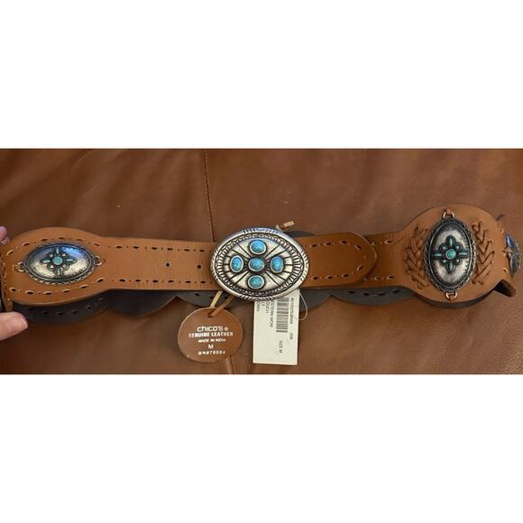 NWT Chicos Western Wow Slouch Belt Concho Tortoise Medallian Belt Brown FLAW - Picture 3 of 5